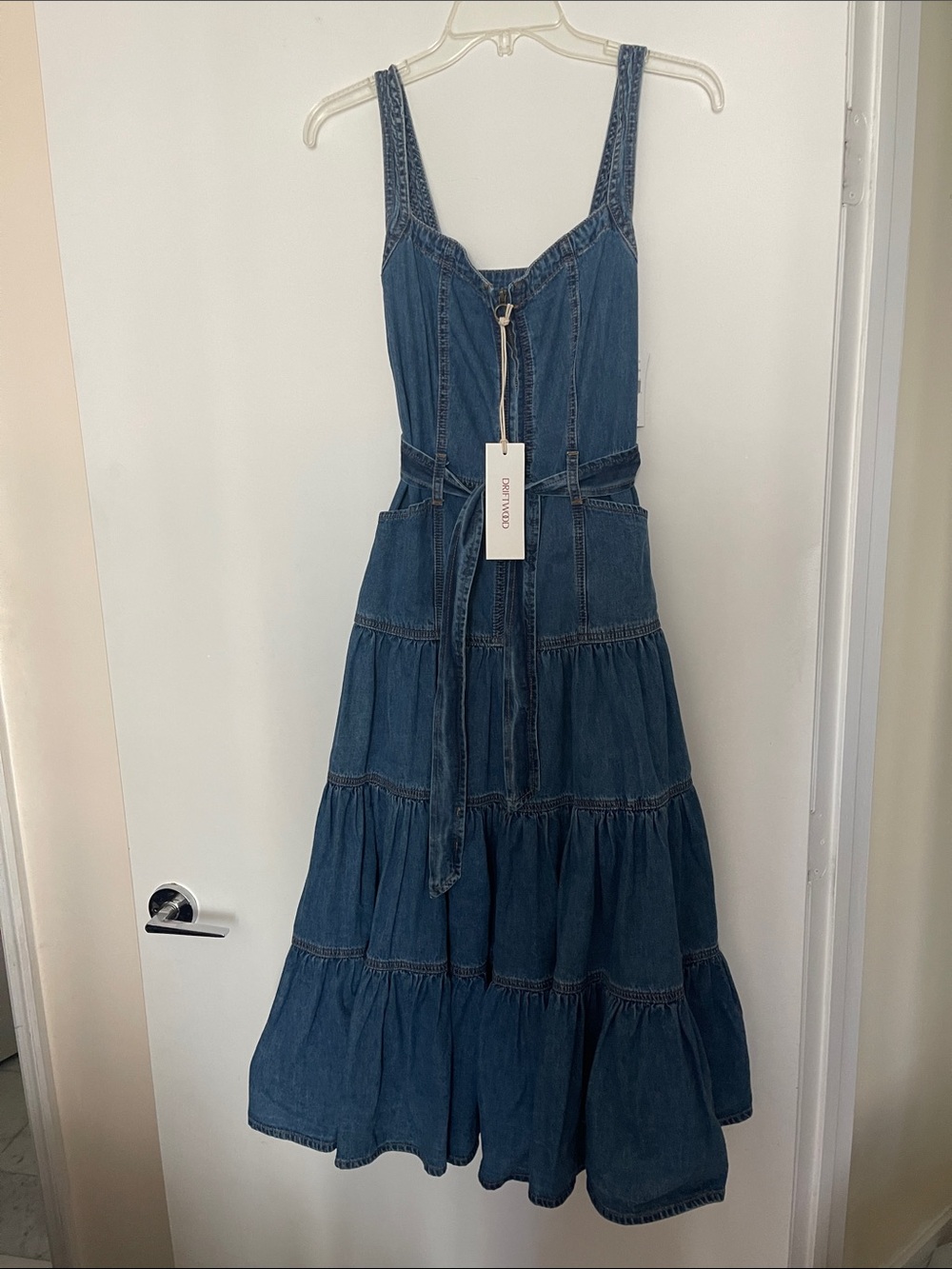 Denim Tiered Midi Dress in Dark Blue